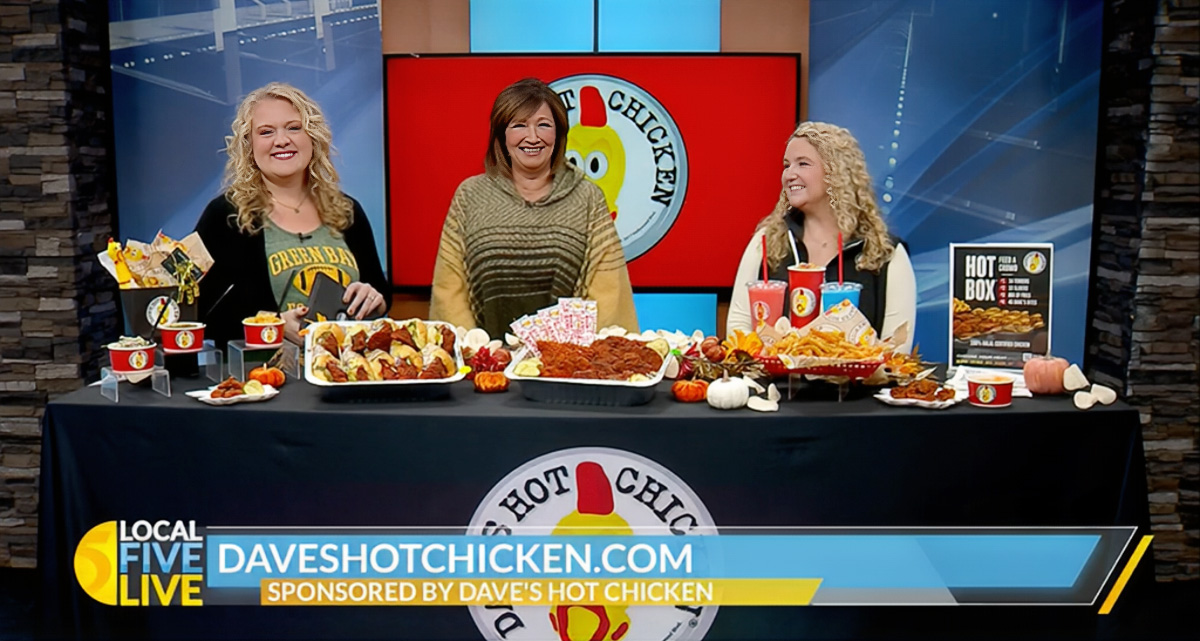 Dave’s Hot Chicken team live in the WFRV Local 5 Live studio in Green Bay for the Davesgiving holiday giveaway segment, sharing Nashville-style hot chicken and sweet treats with Appleton and Green Bay viewers.