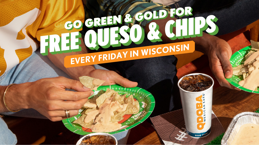 Close-up of hands holding plates of tortilla chips topped with queso, with one person in a gold jersey and another in a green shirt, highlighting QDOBA’s Green & Gold Friday free queso and chips promotion in Wisconsin.
