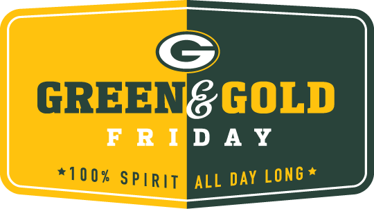Green Bay Packers Green & Gold Friday promotional logo with team colors and slogan “100% Spirit All Day Long.”