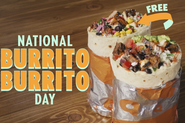 A photo of two burritos, one with an arrow that says "FREE", next to a graphic title that says "National Burrito Burrito Day" to promote a BOGO offer at QDOBA Mexican Eats.