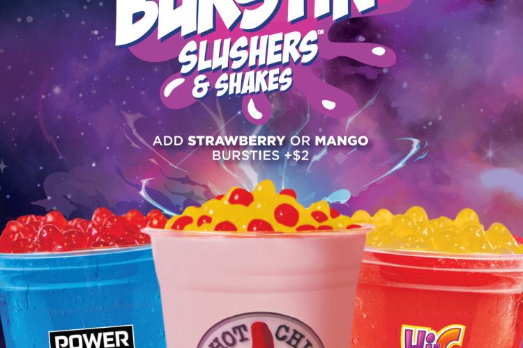 Dave’s Hot Chicken Burstin’ Slushers and Shakes with strawberry or mango bursting boba, featuring Powerade Mountain Berry Blast, Hi-C Flashin’ Fruit Punch, and milkshake topped with popping pearls.